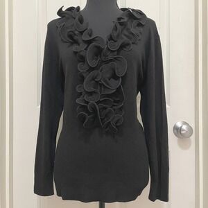 Vila Milano Ruffle Front Knit Sweater Black NWT V-Neck XL Feminine Office Chic
